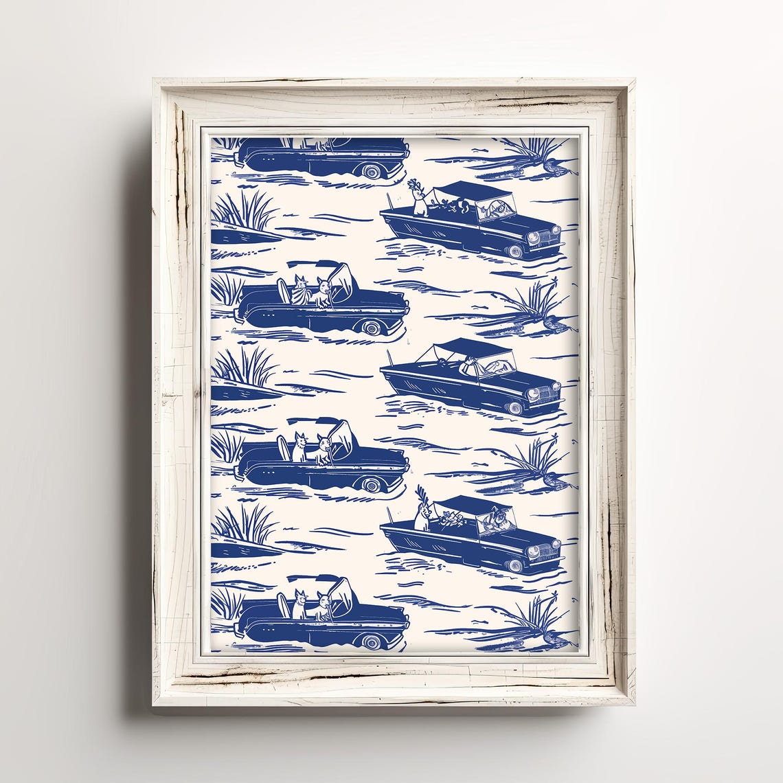 Amphibious Boating Dogs Nautical Blue Sketch Summer Fun Poster