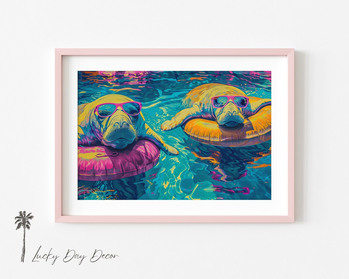 Water Puppies Floating Relax Float Whimsical Manatees Art Print