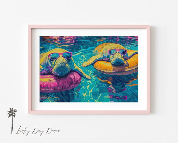 Water Puppies Floating Relax Float Whimsical Manatees Art Print