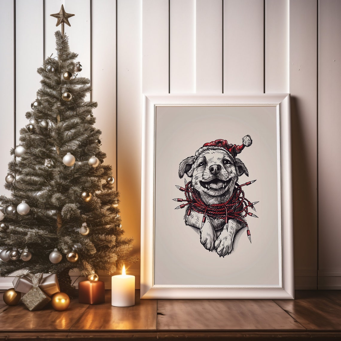 Puppy Tangled Christmas Lights Santa Hat Cute Holiday Sketch Poster