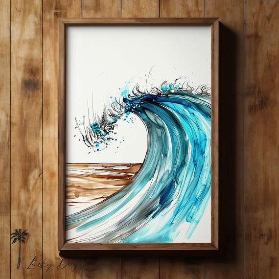 Curling Ocean Wave Watercolor Sketch Wall Art Turquoise Surf Decor