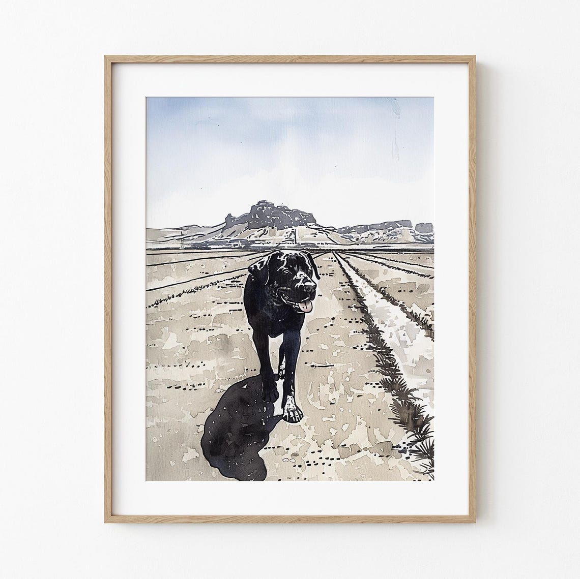 Happy Ranch Dog Black Labrador Running Poster Country Sketch Decor Art