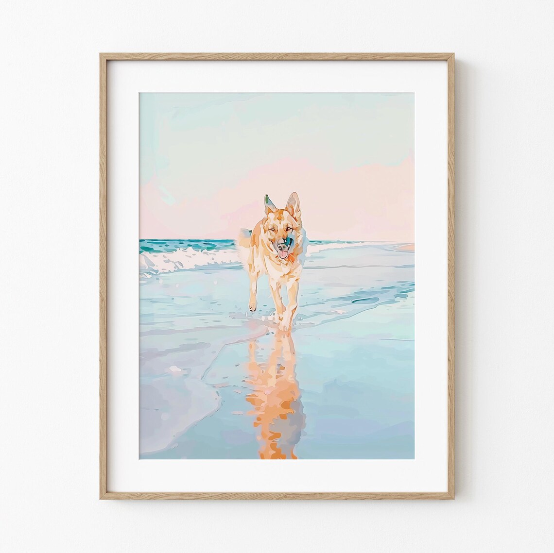 Smiling German Shepherd Running Beach Waves Coastal Watercolor Poster