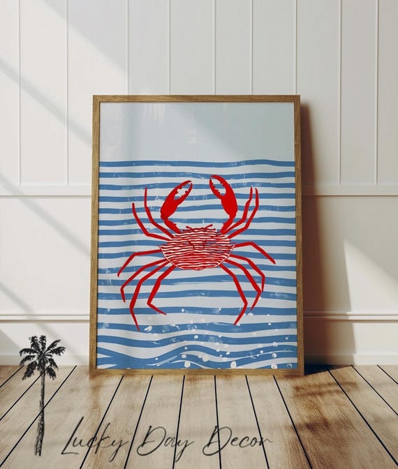 Red Sea Crab Art Simple Life Print Nautical Wall Decor For Ocean Lovers Blue Coastal Nursery