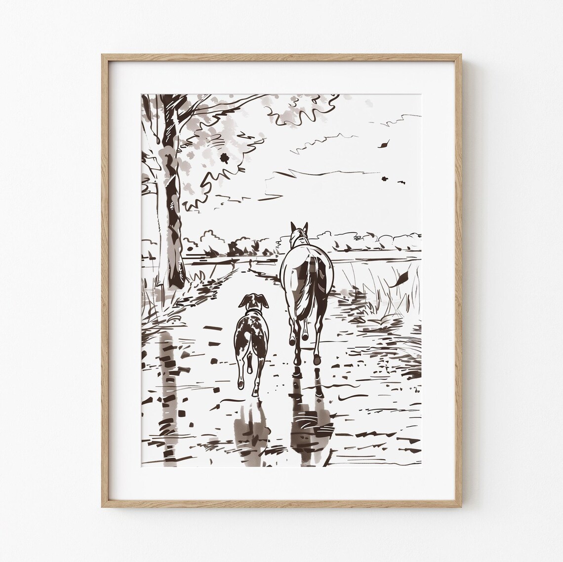 Horse and Dog Walking Away Ink Sketch Equestrian Farm Poster