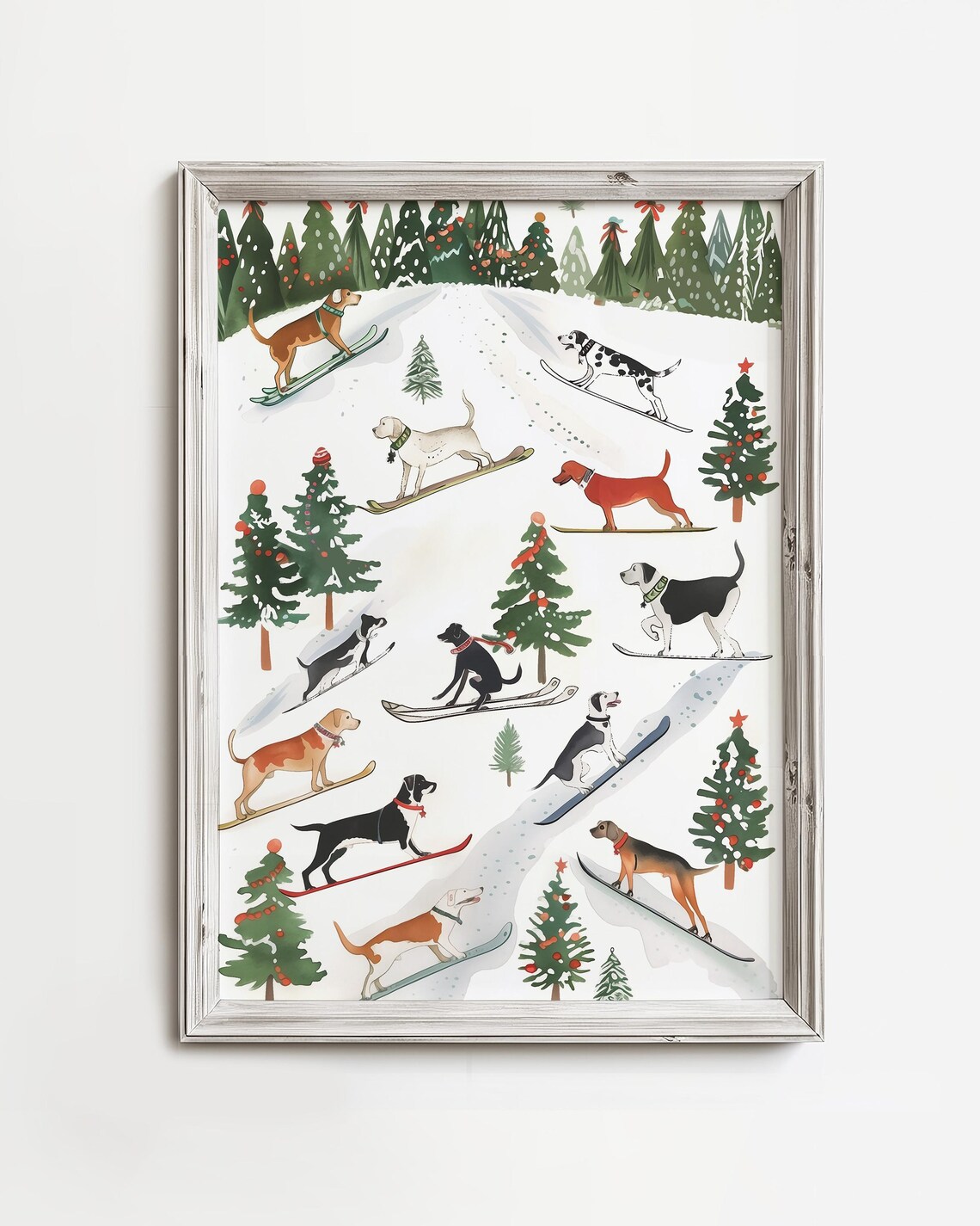 Skiing Dogs Whimsical Christmas Winter Snow Scene Dog Lovers Poster