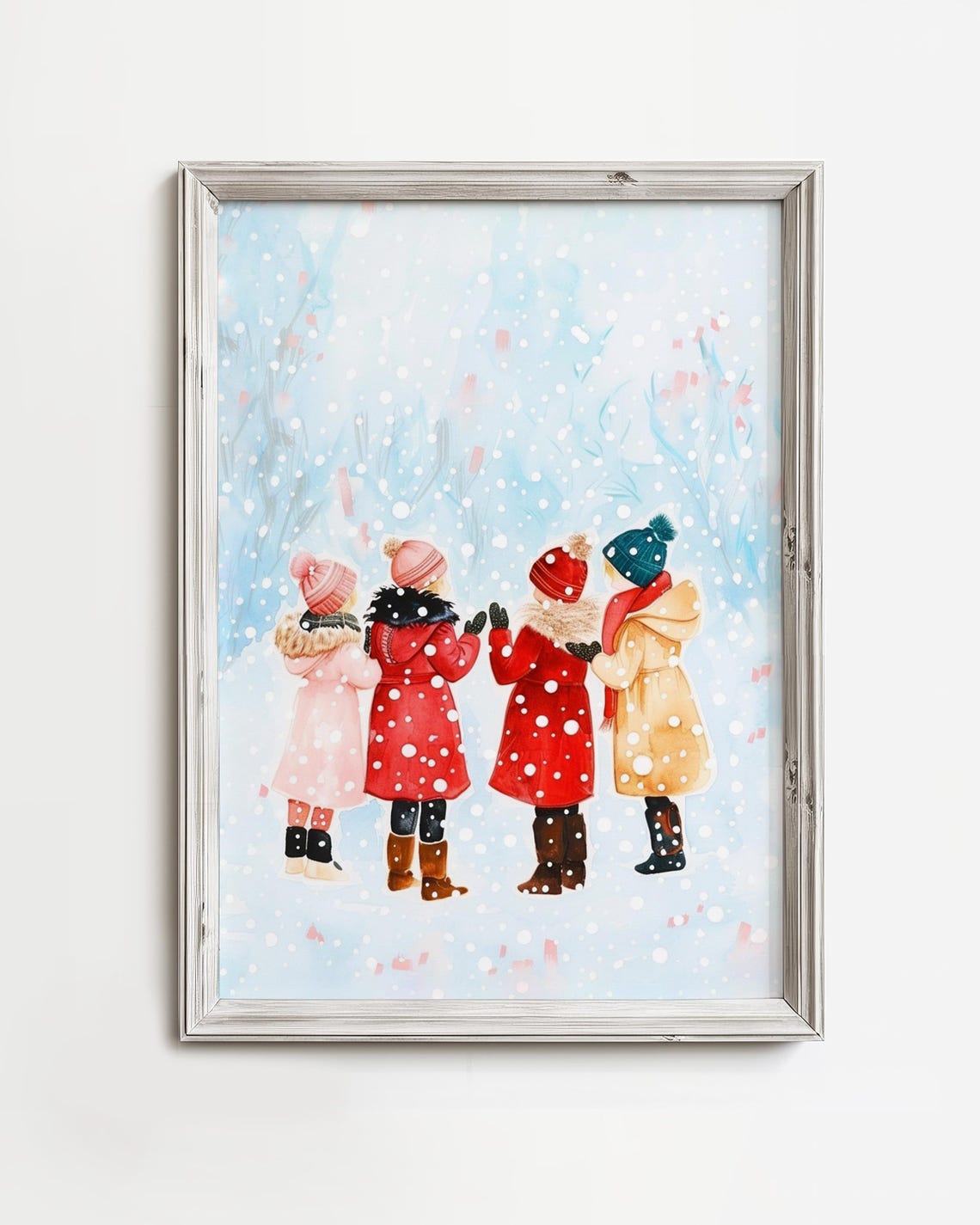 Children Watching Snowfall Watercolor Winter Wonderland Poster