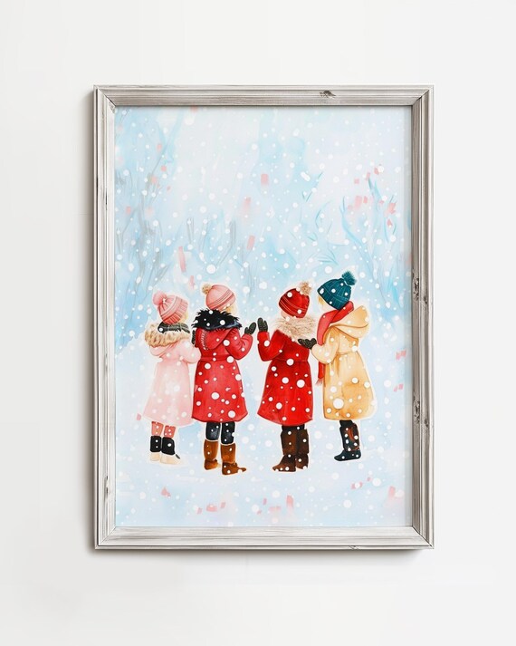 Children Watching Snowfall Watercolor Winter Wonderland Poster