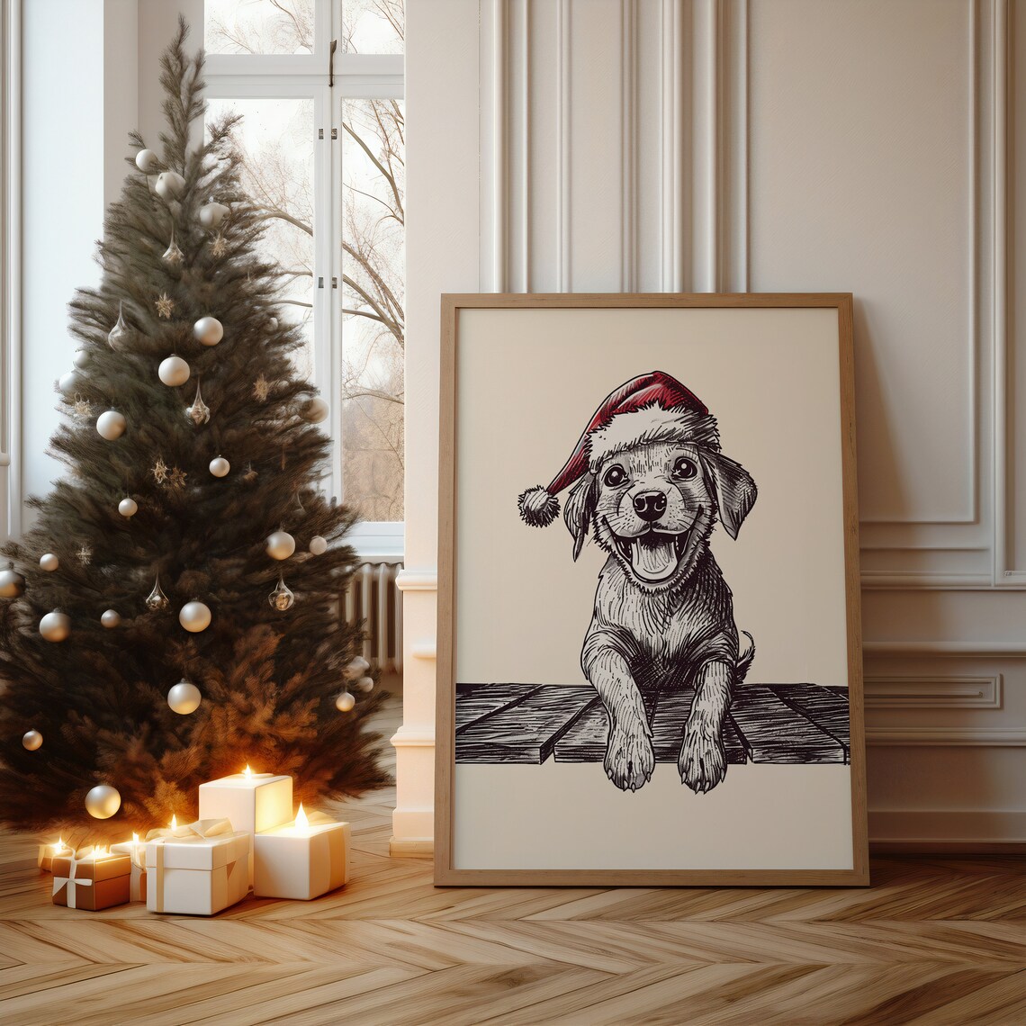 Happy Christmas Dog Laying On Dock Art Print