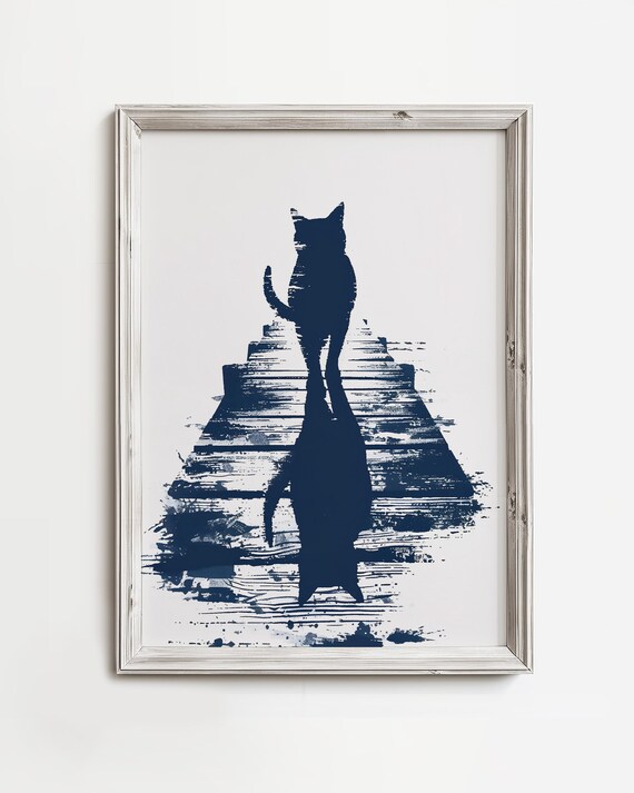 Cat Sitting on Dock Gazing at the Sea Navy Sketch Art Poster