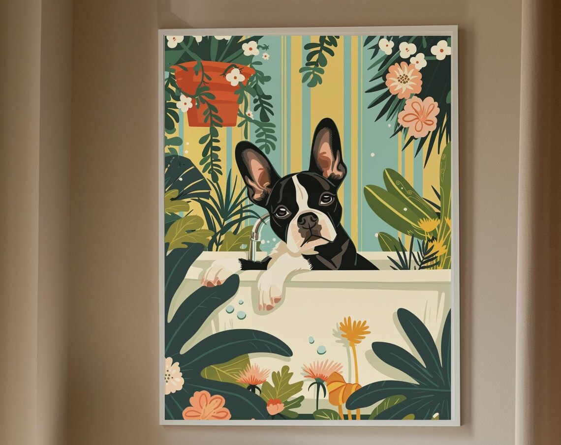 Boston Terrier Bath Time Jungle Botanical Illustration Art Poster - Image 4