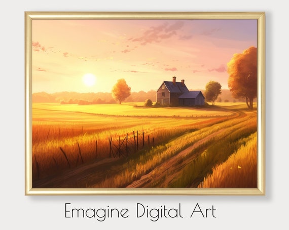 Art Midwestern Farmhouse Amid Golden Wheat Field At Sunrise Country Scenery Instantly Print And Frame Ls09