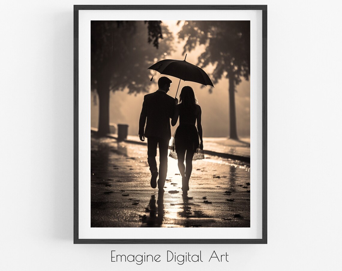Romantic Couple Under Umbrella Rain Black White Photo Poster