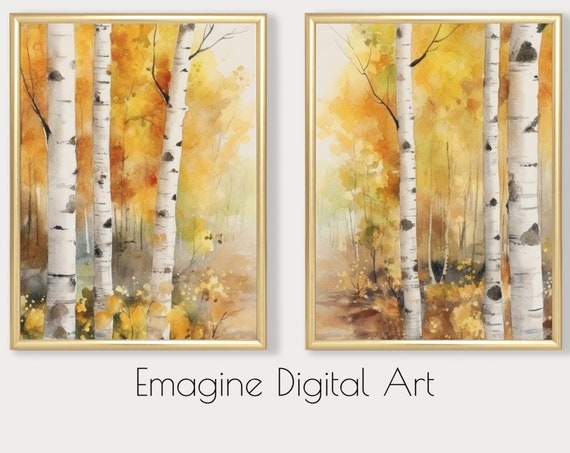 Art Set Of 2 Autumn Birch Forest Painting Fall Season Wall Decor To Instantly Print Frame Ls29