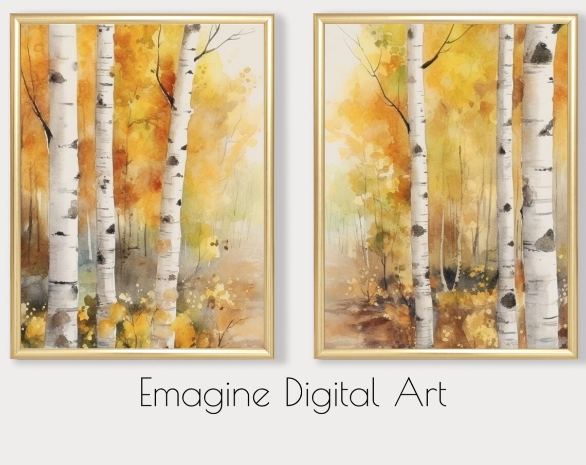 Set of 2 Autumn Birch Forest Watercolor Golden Fall Paintings Poster
