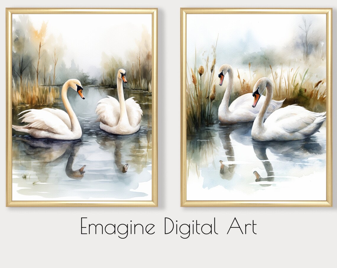 Set of 2 White Swans Misty Pond Watercolor Elegant Wildlife Poster