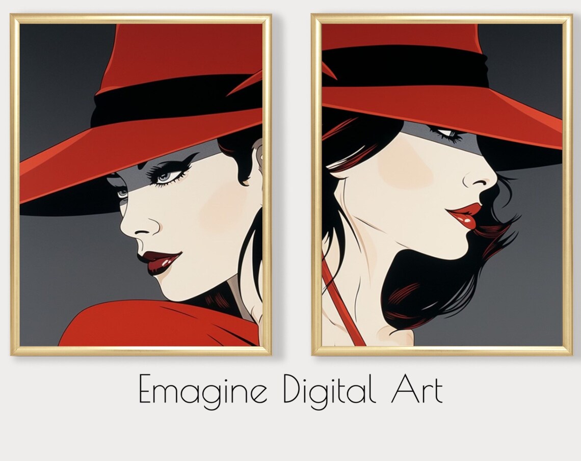 Set Of 2 Retro Pop Art Woman Red Hat 1980s Fashion Portrait Poster