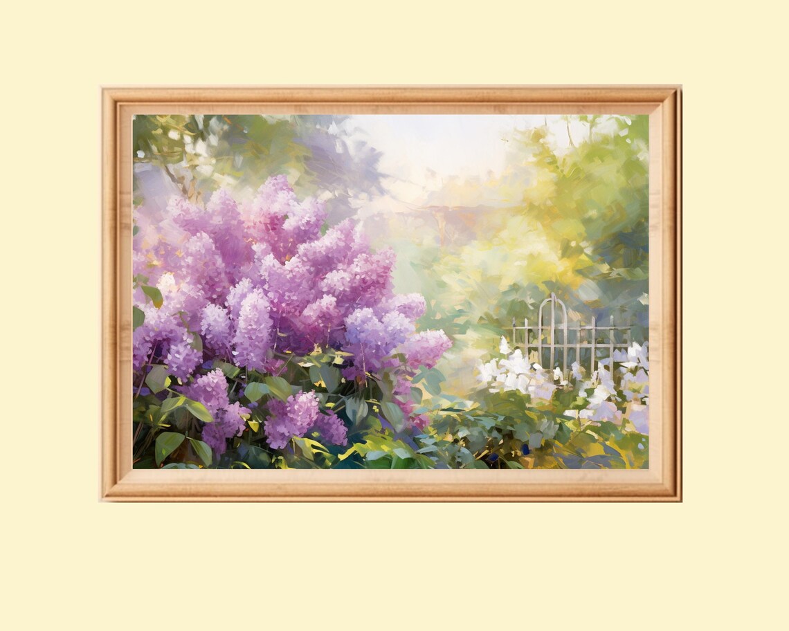 Cottage Garden Lilac Painting, Vintage Farmhouse