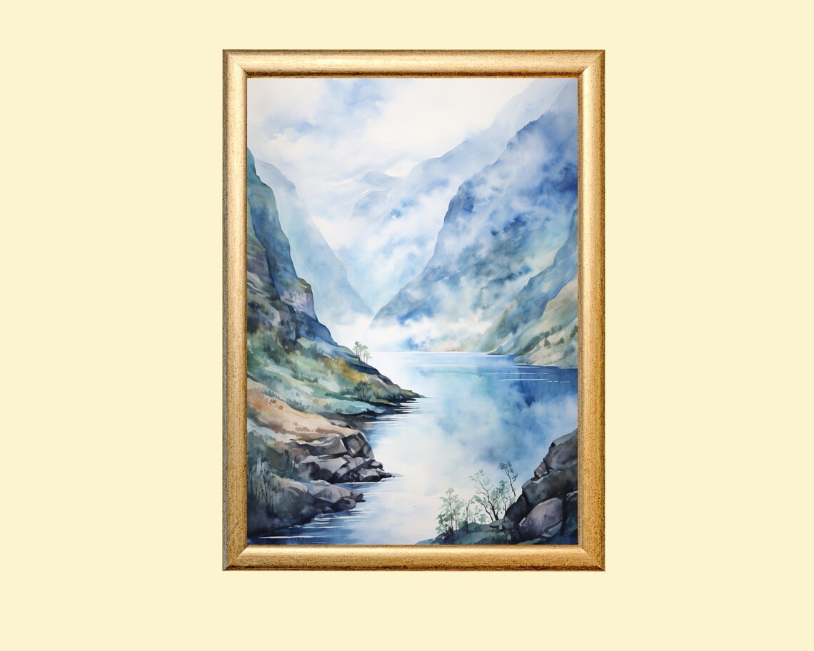 Norwegian Landscape Watercolor, Scandinavian Decor
