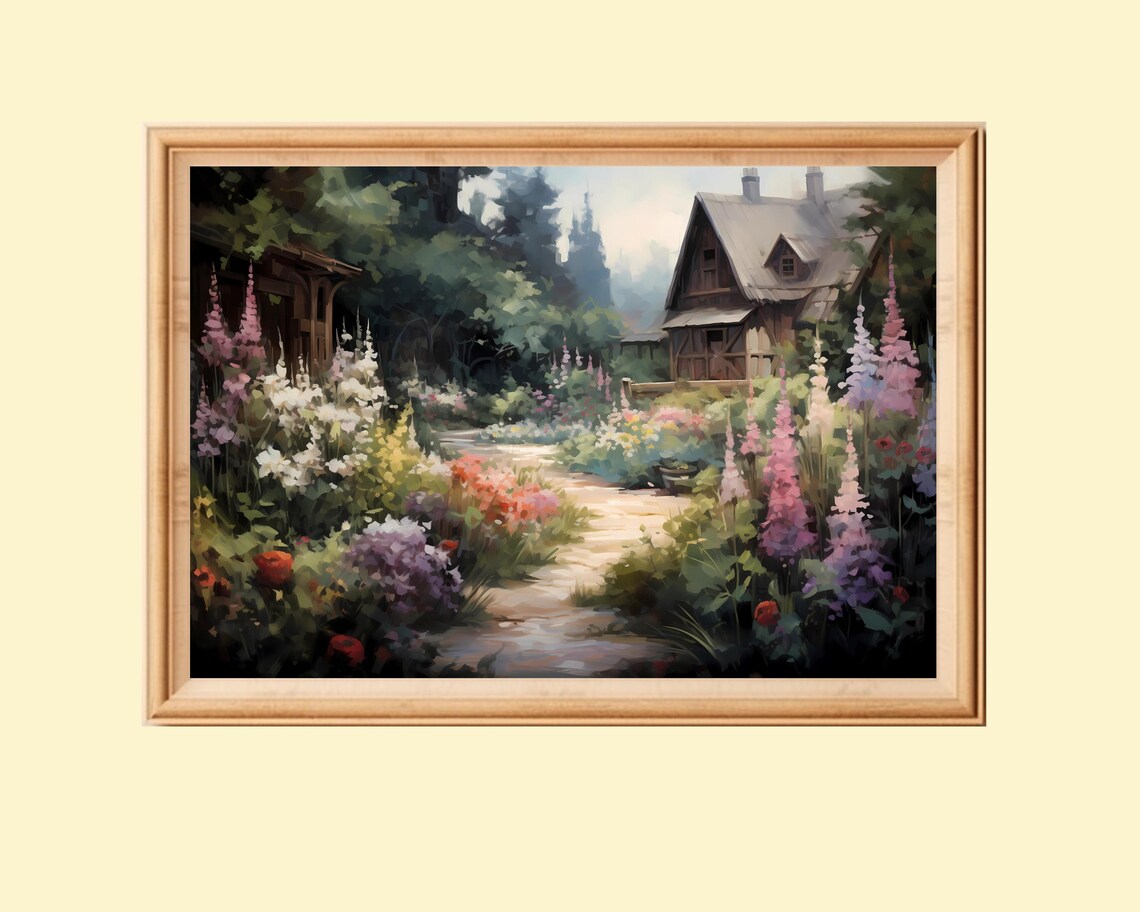 Vintage Cottage Summer Garden Rustic Landscape Art Print