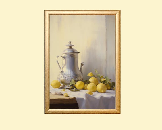 Vintage Still Life Painting, Lemons and Silver Teapot