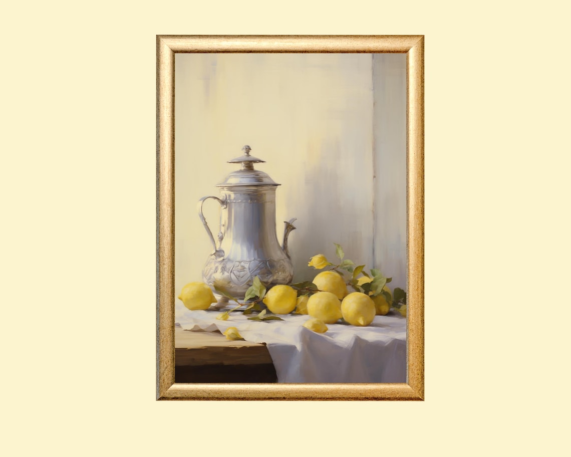 Vintage Still Life Painting, Lemons and Silver Teapot