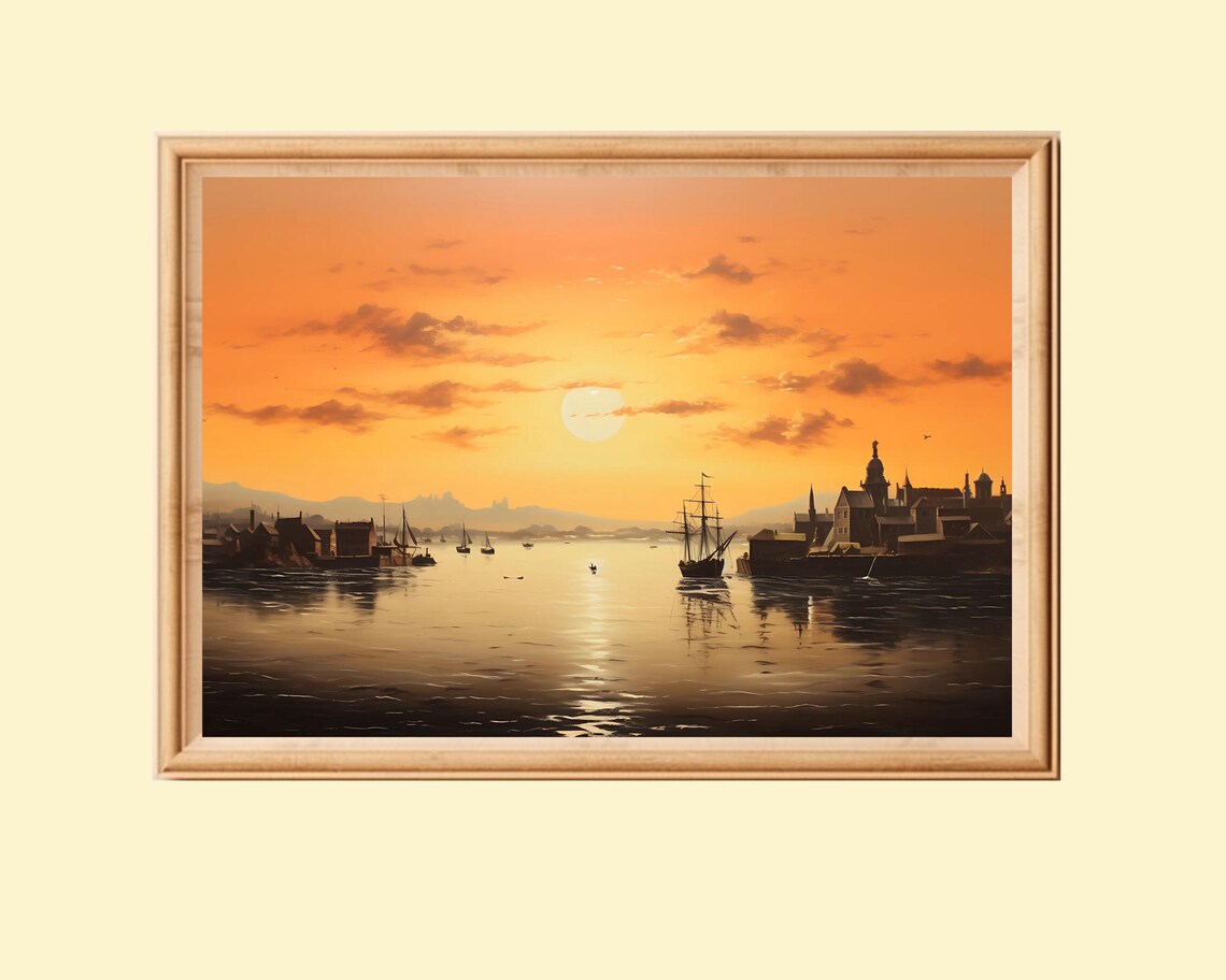 Vintage Seascape Painting, Sunset Harbor Sailboat