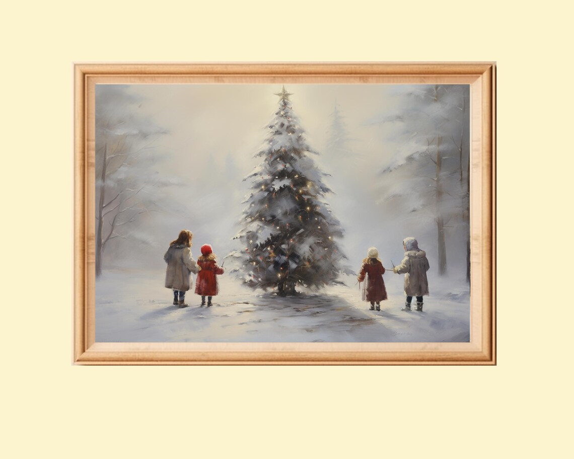 Vintage Christmas Children And Christmas Tree Art Print