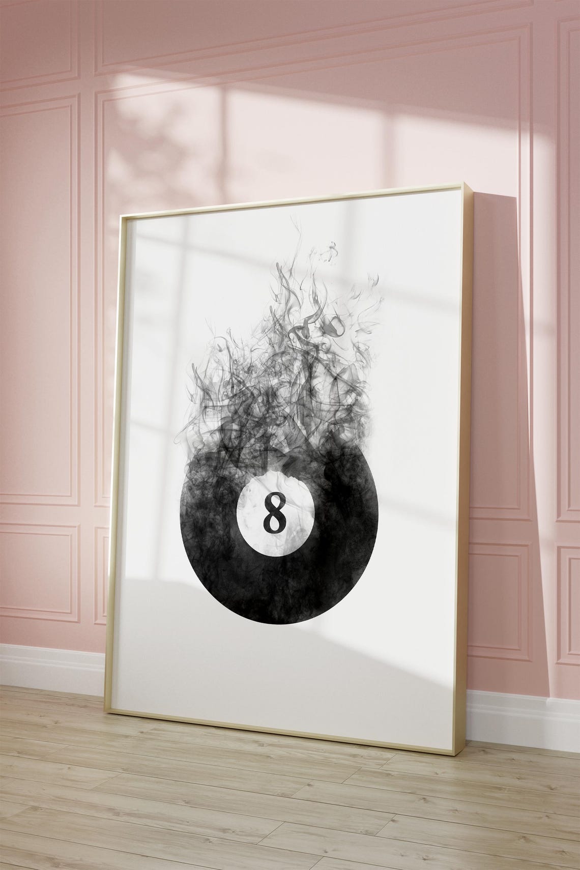 Dramatic Smoky 8 Ball Black White Ink Smoke Pool Billiards Poster