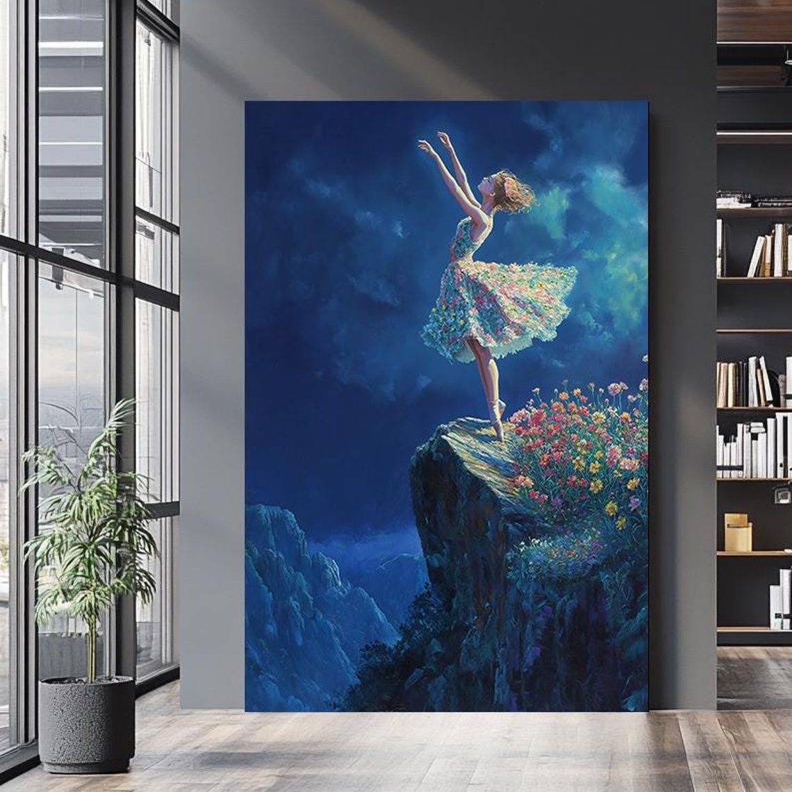 Ballerina Dancing Moonlit Cliff Floral Dress Dreamy Night Art Poster
