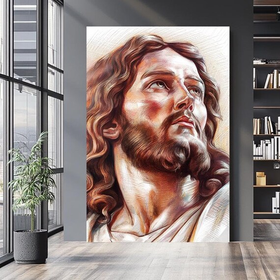 Jesus Christ Looking Heavenward Warm Colored Pencil Portrait Sketch Print