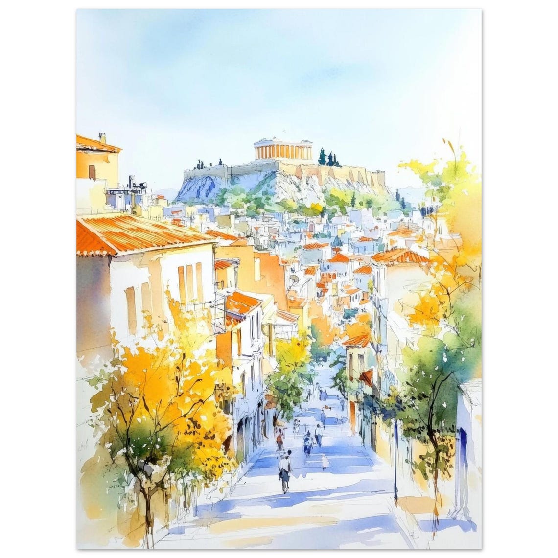 Athens Greece Watercolor Acropolis Rooftops Golden Light Art Poster
