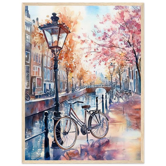 Amsterdam Canal Bikes Watercolor Travel Poster