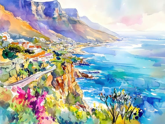 Cape Town Coastline Watercolor Painting Print South Africa Wall Art Table Mountain Coastal Atlantic Ocean Artwork By Nataliaayuart