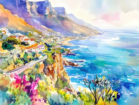 Cape Town Coastline Watercolor Poster With Table Mountain View