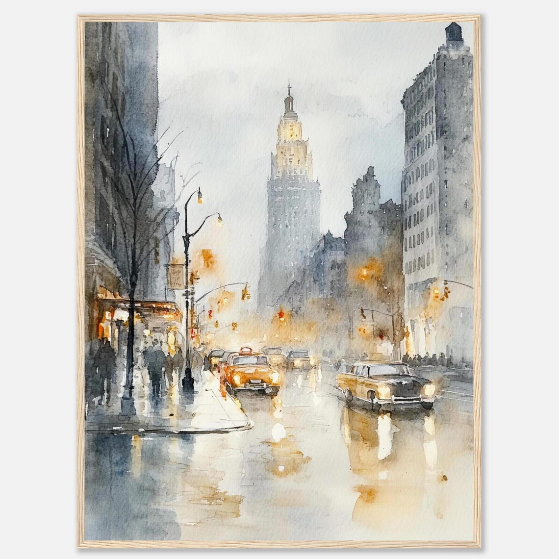 Foggy New York City Street Watercolor Painting Print Scene Manhattan Cityscape Wall Art Nyc Rainy Night By Nataliaayuart