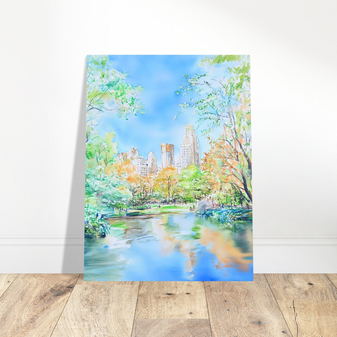 Central Park Watercolor Painting Poster NYC Autumn Pond Scene - Image 2