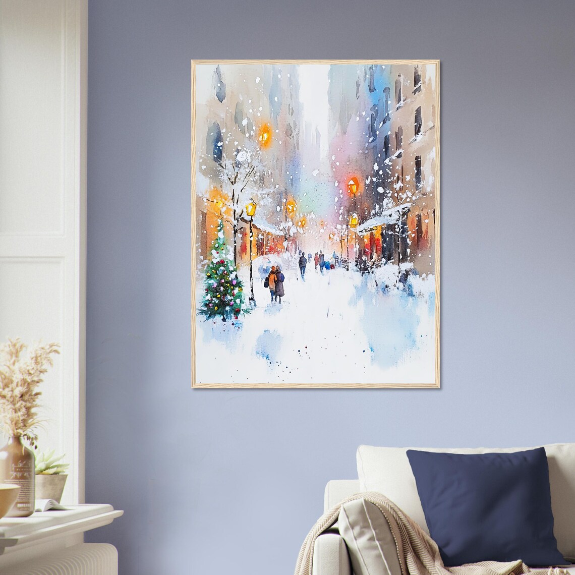 Charming Winter Street Snowy Christmas Tree City Watercolor Poster - Image 3