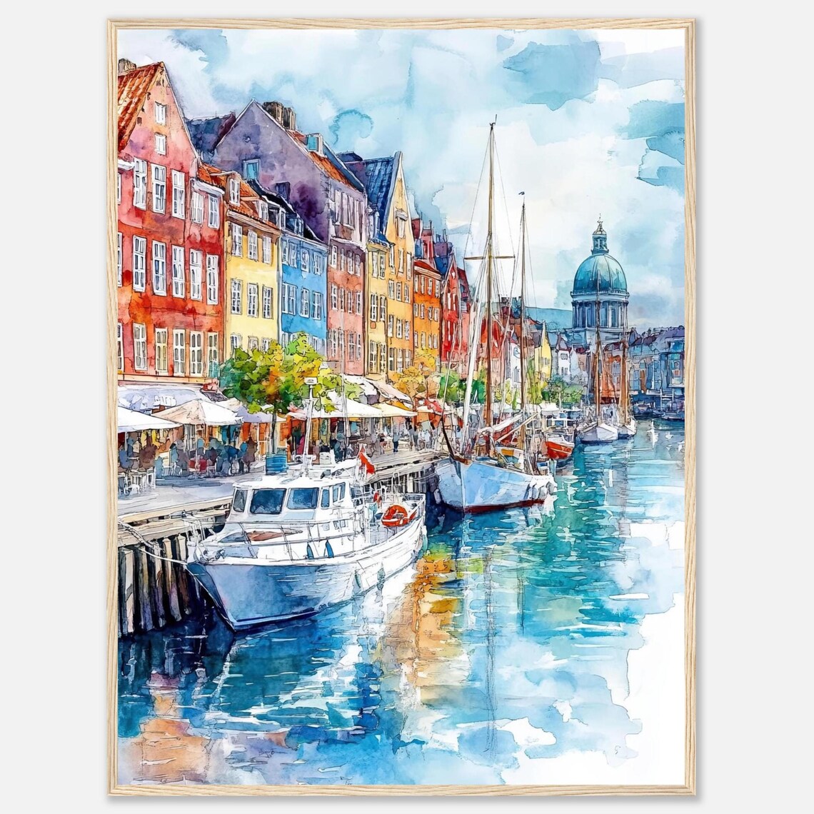 Nyhavn Copenhagen Watercolor Art Print, Denmark Harbor