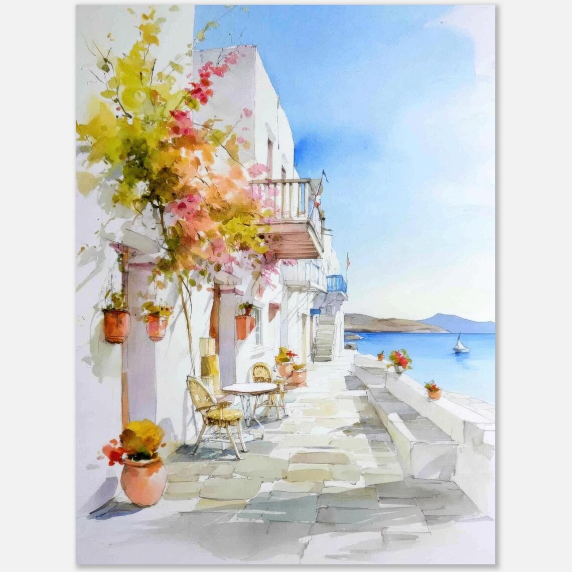 Greek Island Seaside Terrace with Bougainvillea Watercolor Poster