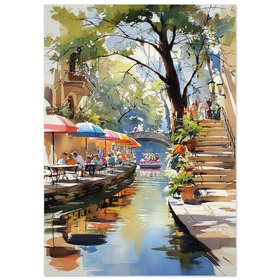 San Antonio River Watercolor Art Print, Texas Cityscape