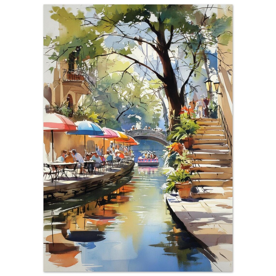 San Antonio River Watercolor Art Print, Texas Cityscape