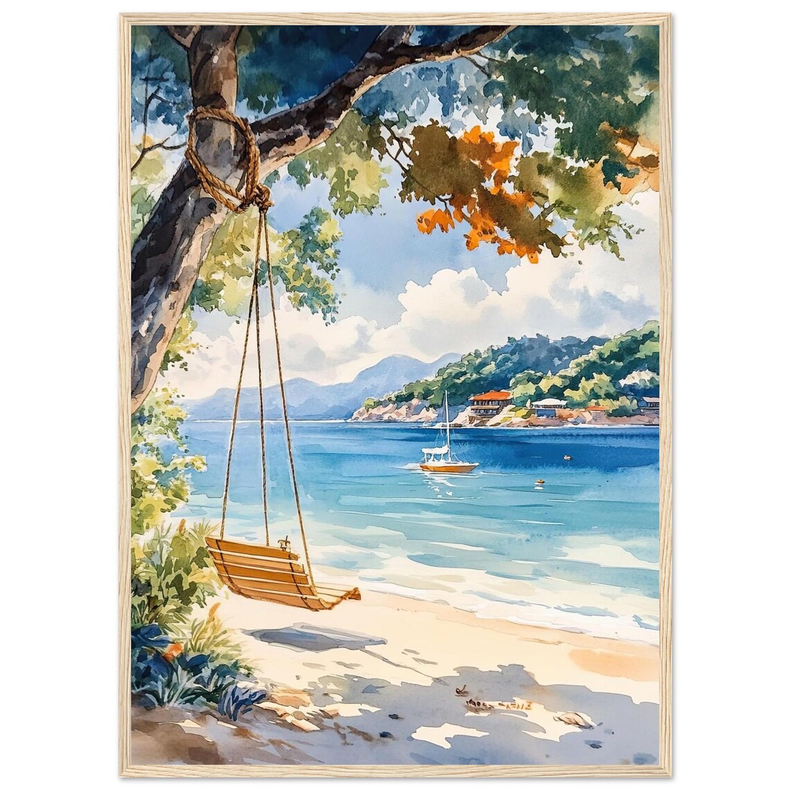 Koh Samui Beach Swing Watercolor Thailand Tropical Island Print
