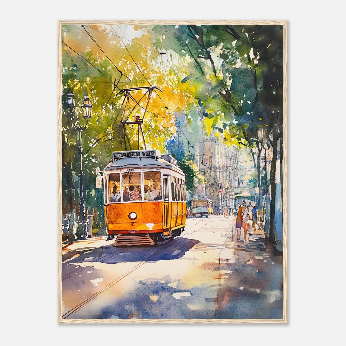 Lisbon Tram Watercolor Travel Poster, Urban Scene