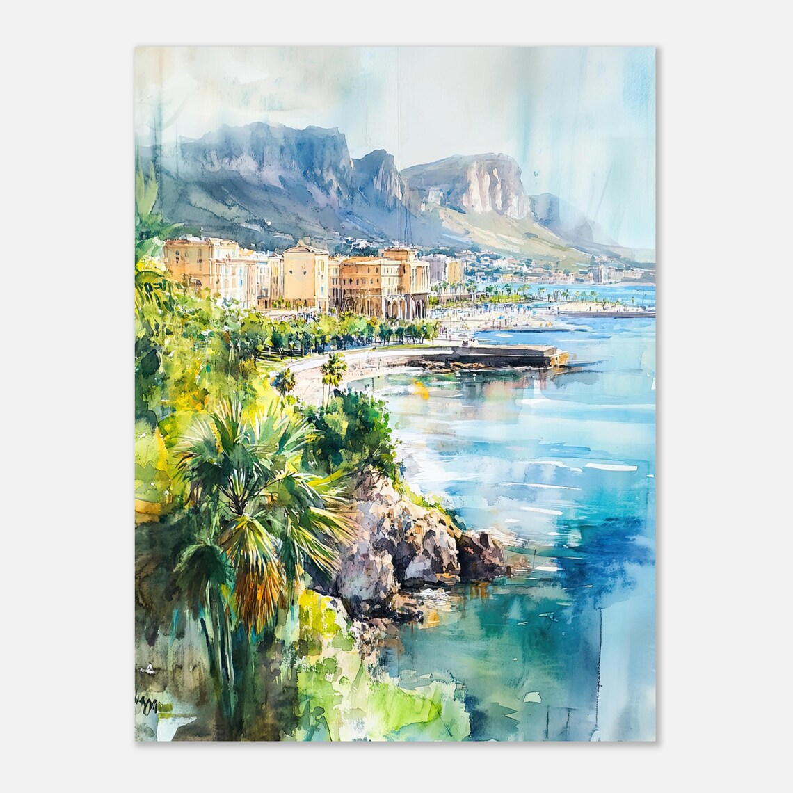 Palermo Wall Art Print Italy Watercolor Painting Coastal City Wall Art Sicilian Travel Poster Palermo Poster By - Image 3