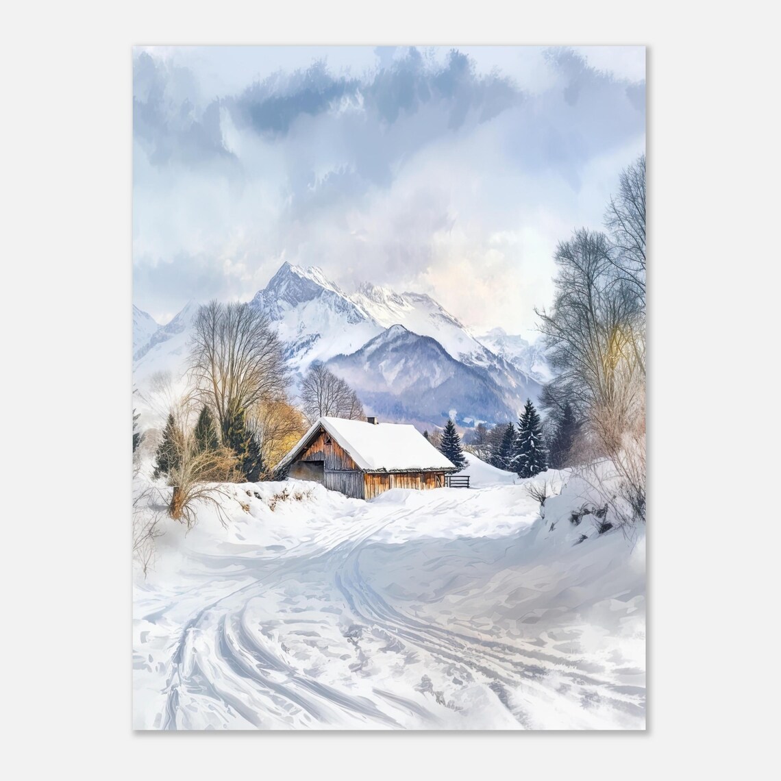 Alps Winter Cabin Watercolor Snowy Mountain Landscape Poster - Image 3