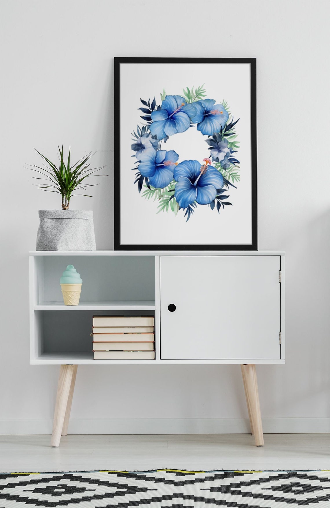 Blue Hibiscus Floral Wreath Serene Calming Watercolor Art Poster - Image 7