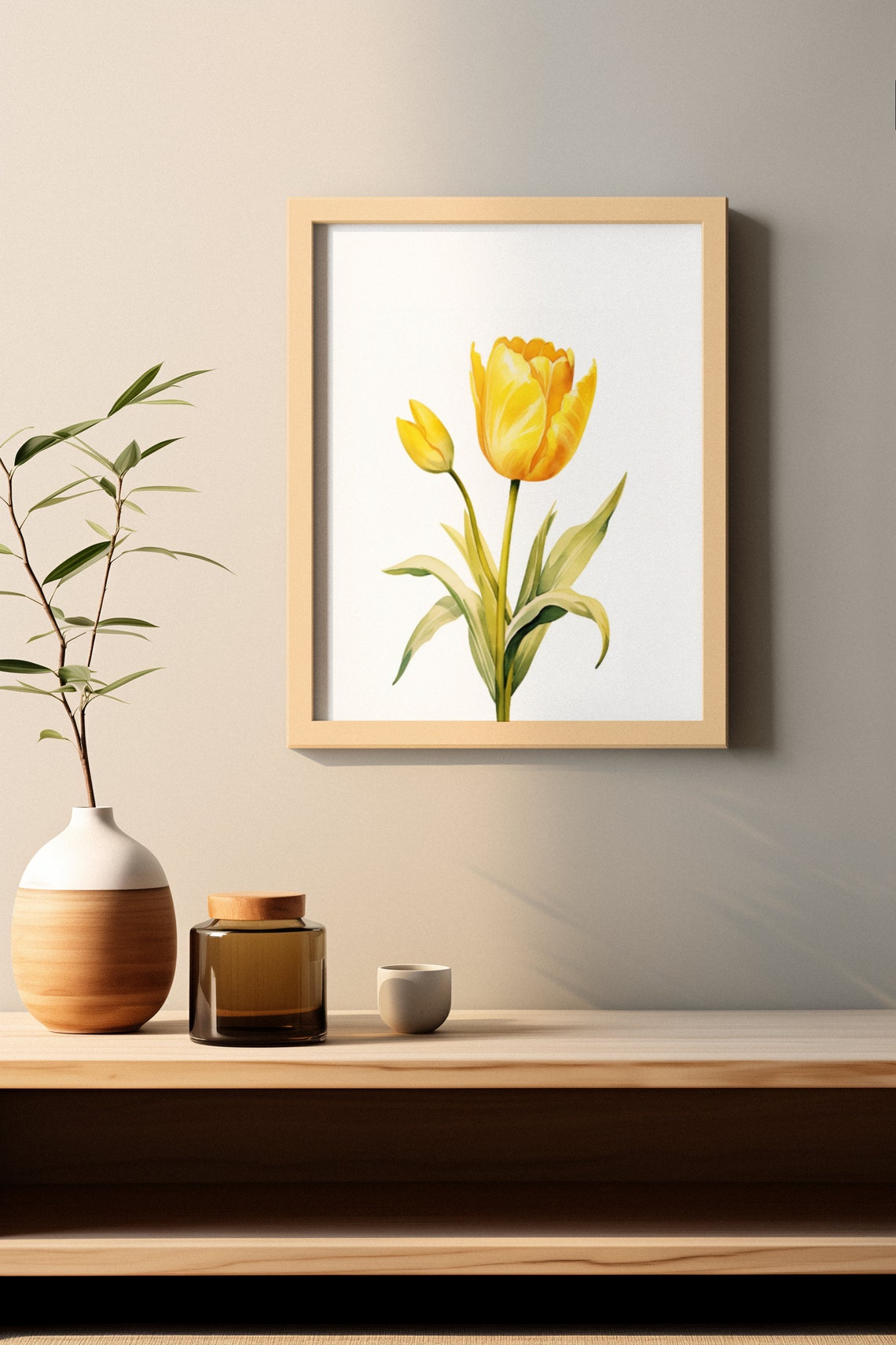 Yellow Tulip and Flower Bud Watercolour Botanical Flower Poster - Image 2
