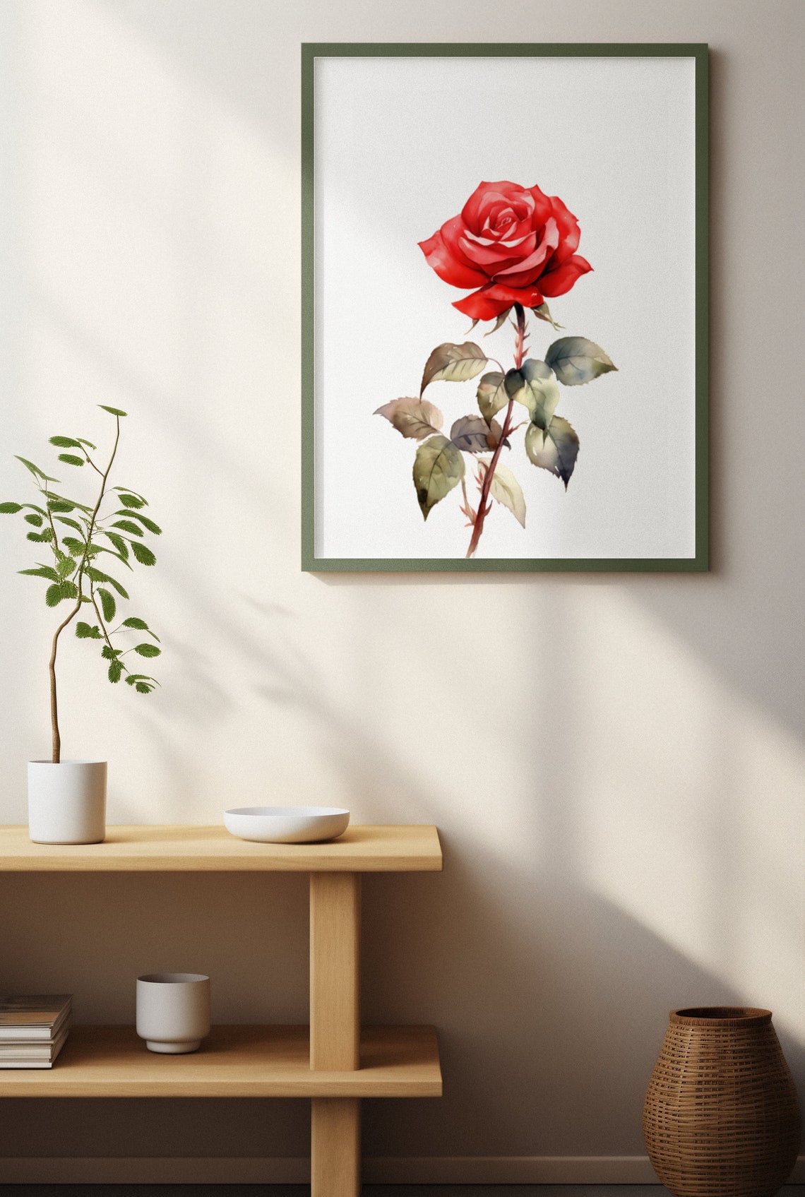 Classic Red Rose Single Stem Watercolour Botanical Flower Poster - Image 3