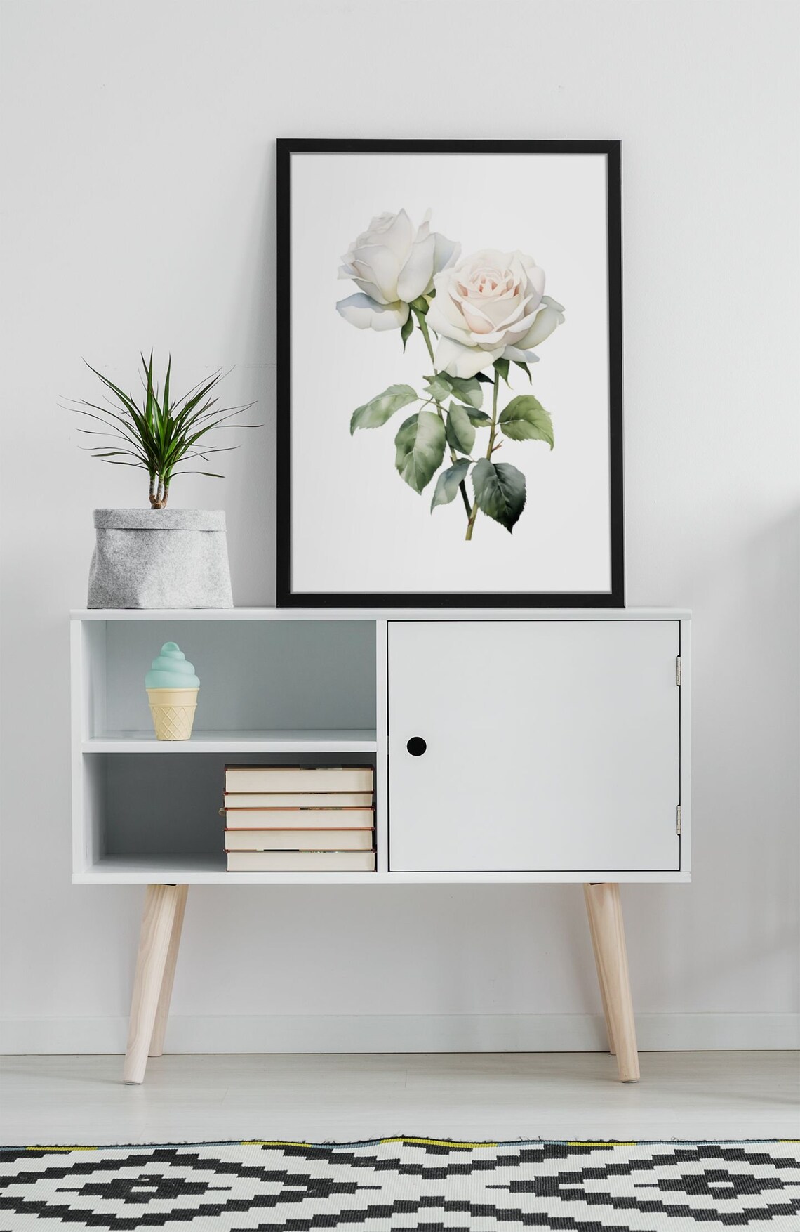 Two White Roses With Green Leaves Fresh Watercolor Art Poster - Image 8